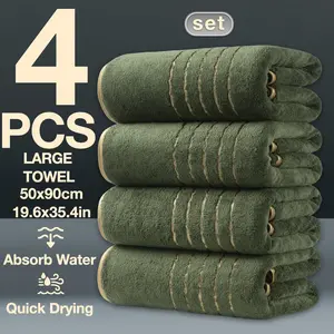 4-Piece Gold-Color Trimmed Large Bath Towels Set, Premium Towel Set, Modern Simple Bathroom Accessories, Quick-Dry Absorbent Microfiber, Suitable for Home Camping Hotel School Community Factory