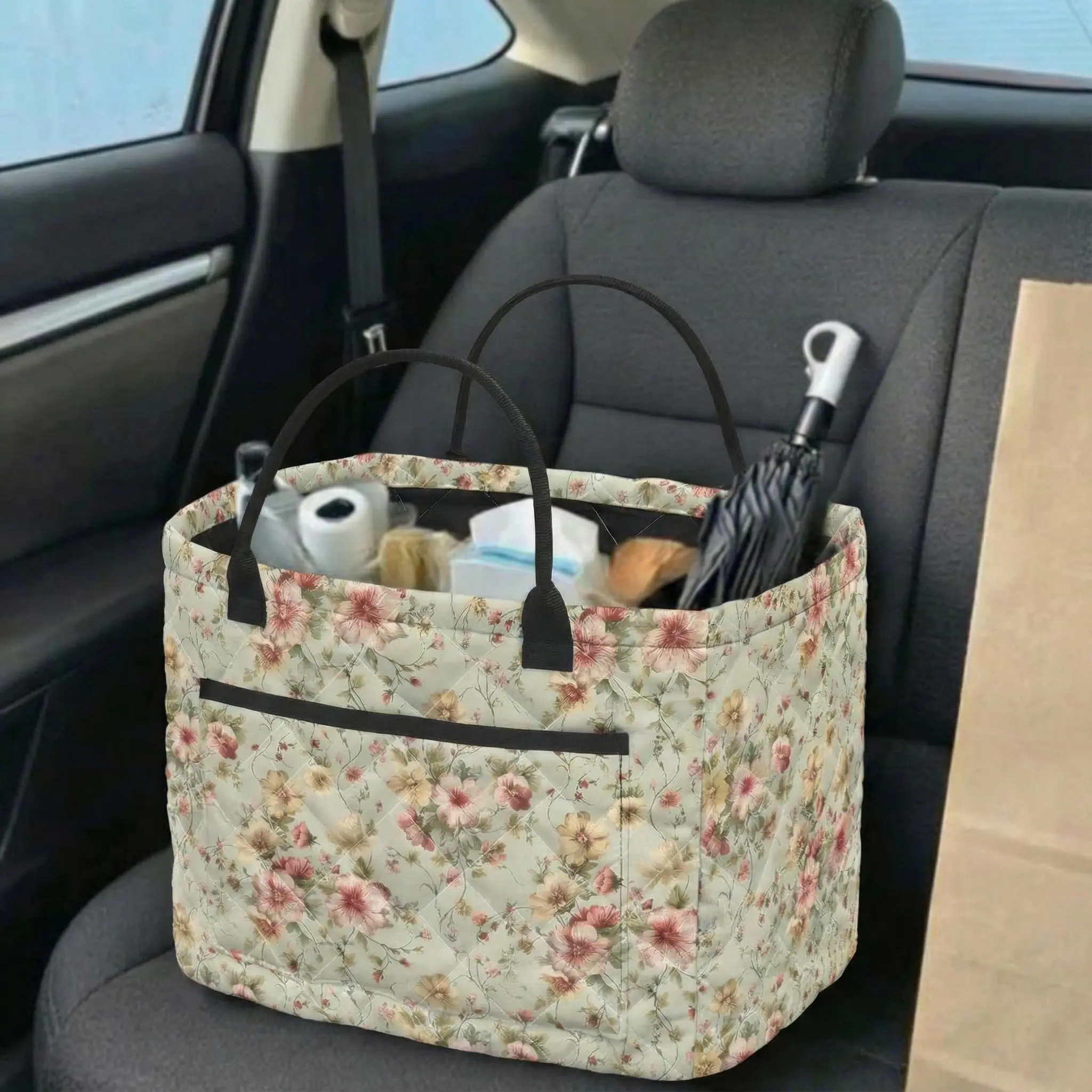 Floral Storage Basket for Car Interior, Quilted Auto Storage Organization with Handle, Foldable Durable Mom Storage Pouch for Picnic Shopping Car Desktop Decor