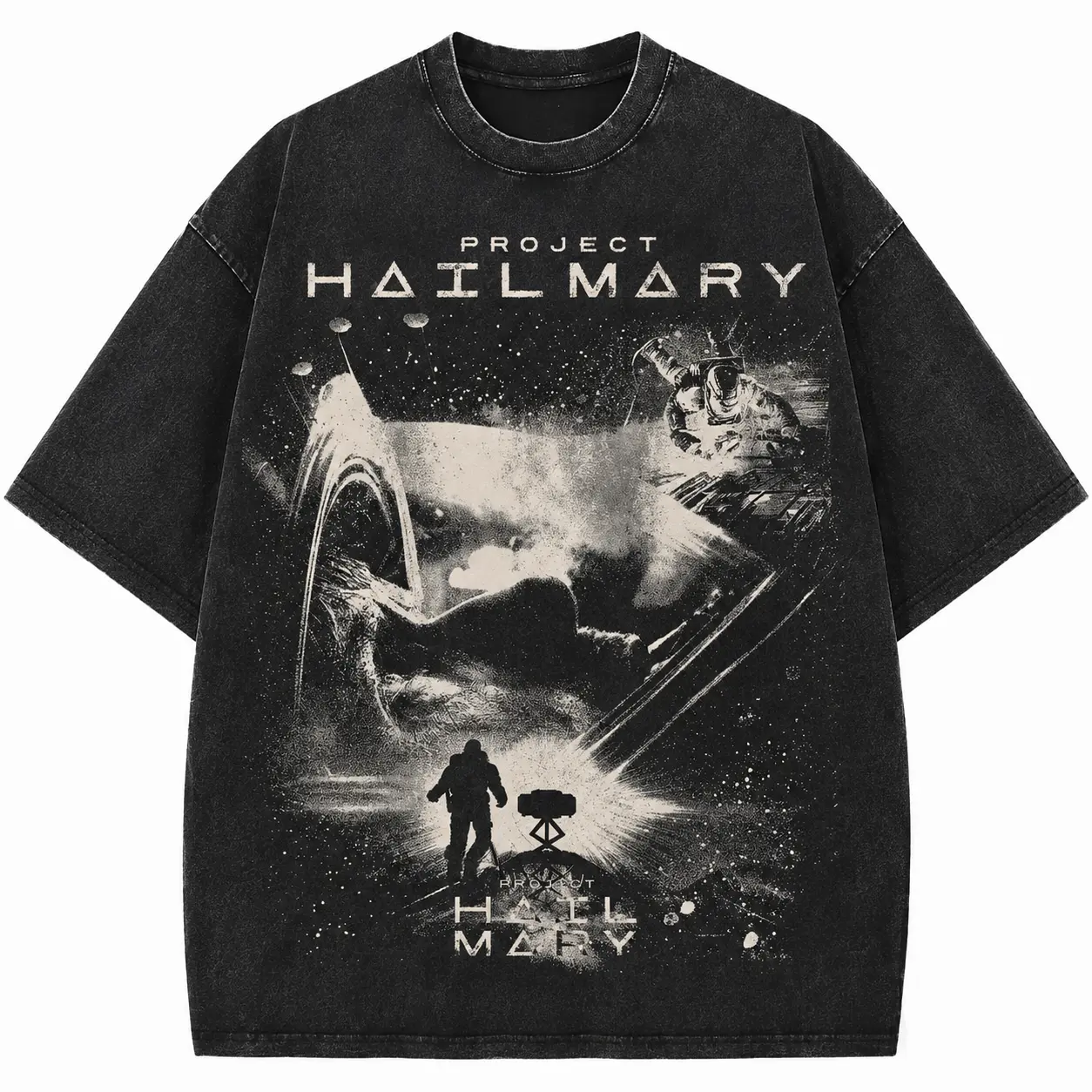 Project Hail Mary Retro Sci-Fi Graphic Washed T-Shirt, Vintage Distressed Space Adventure Tee with Astronaut, Rocky Alien, Spaceship and Cosmic Mission Print, Soft 100% Cotton Crew Neck Streetwear Top for Men and Women, Movie Fans, Casual Wear and Gift