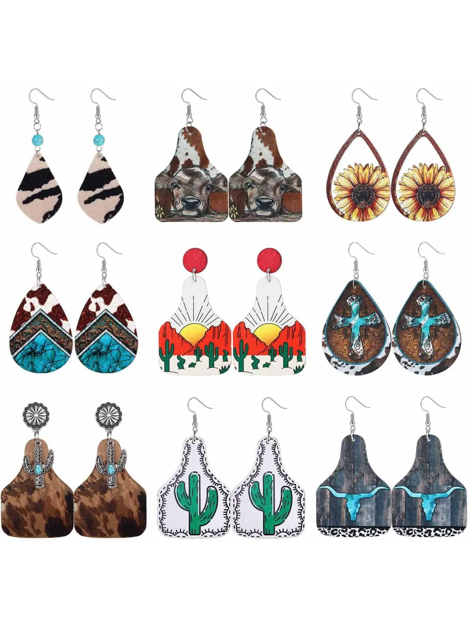 9 Pairs Western Earrings for Women Cowgirl Cowboy Earrings Boho Vintage Sunflower Bohemian Turquoise Drop Dangle Earrings Set Cow Print Cactus Leather Wood Western Jewelry for Women Statement Dangling Earrings