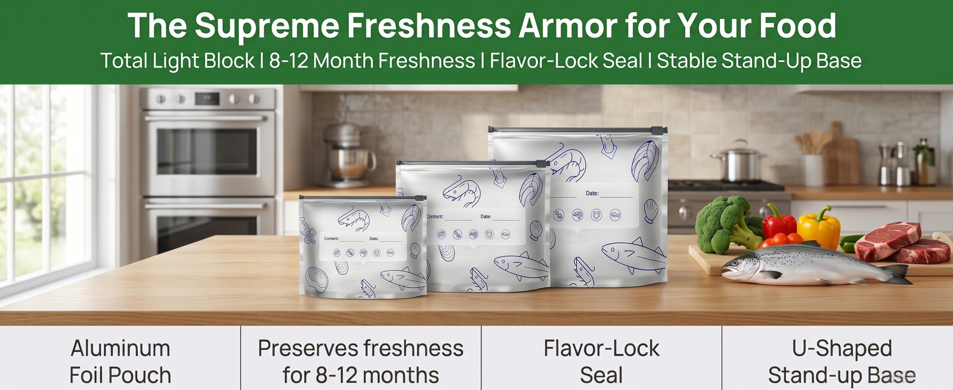 60PCS 3 Sizes 2026 New Upgraded Thickened Reusable Aluminum Foil Sealable Storage Bags, Airtight Vacuum Zipper Pouches, Leak Proof Freezer Safe Stand Up Bags with Label & Zip Lock for Meal Prep, Pantry, Vegetable, Fruit, Meat, Travel Snacks