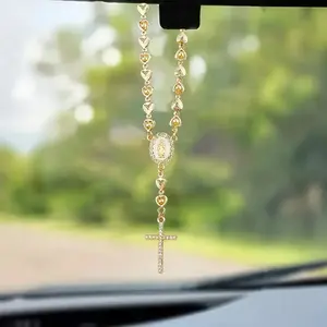 1 gold heart-shaped Virgin Mary rosary and rhinestone cross pendant - elegant car rearview mirror hanging accessories for interior decoration, metal material, more convenient installation, car rearview mirror decorative pendant, Car Ornament