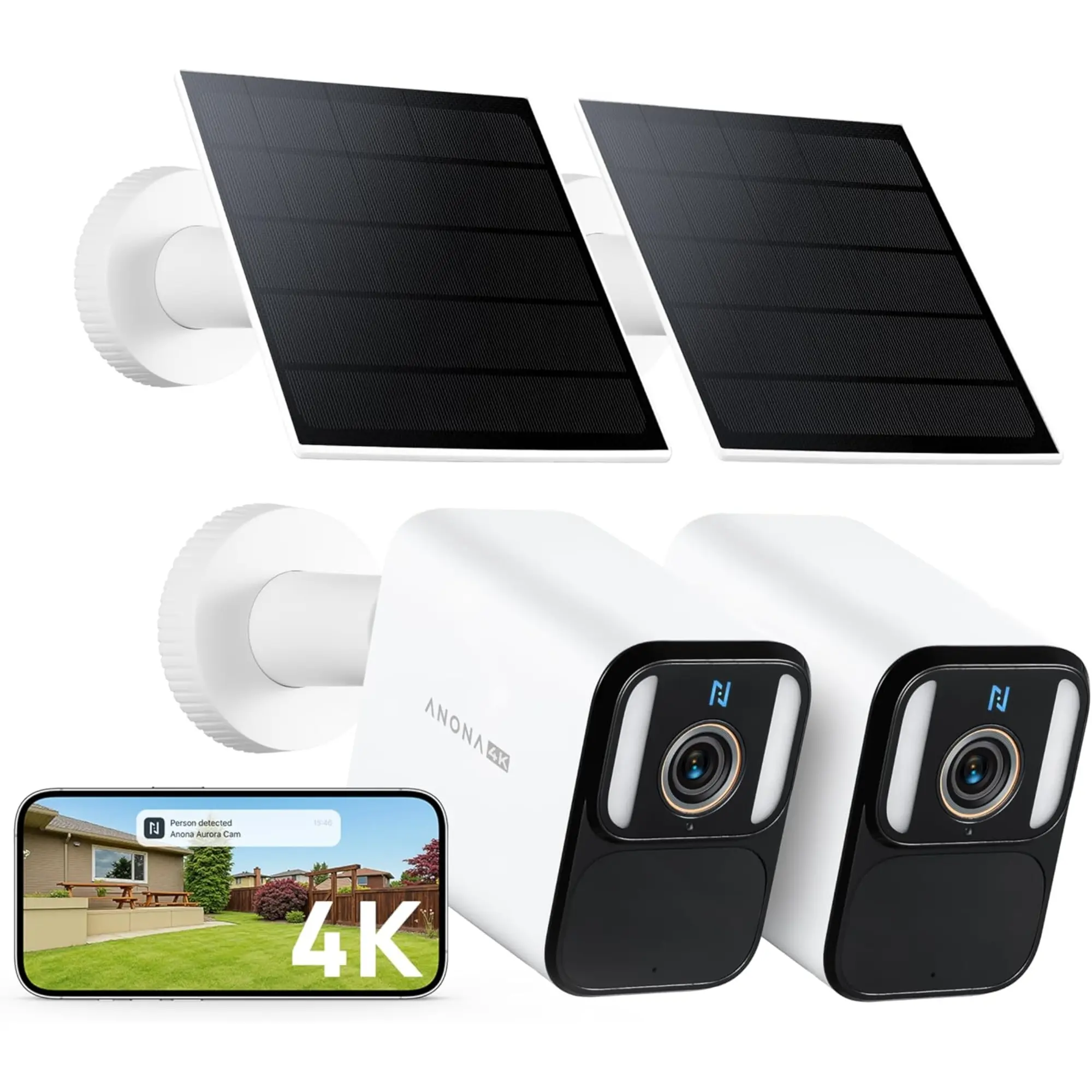 Anona HM1009-02 4k Solar Security Cameras Wireless Outdoor - 8mp Color Night Vision, 24/7 Aov Recording - 2pack