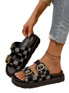 Denim Plaid Buckle Platform Slide Sandals Women Summer