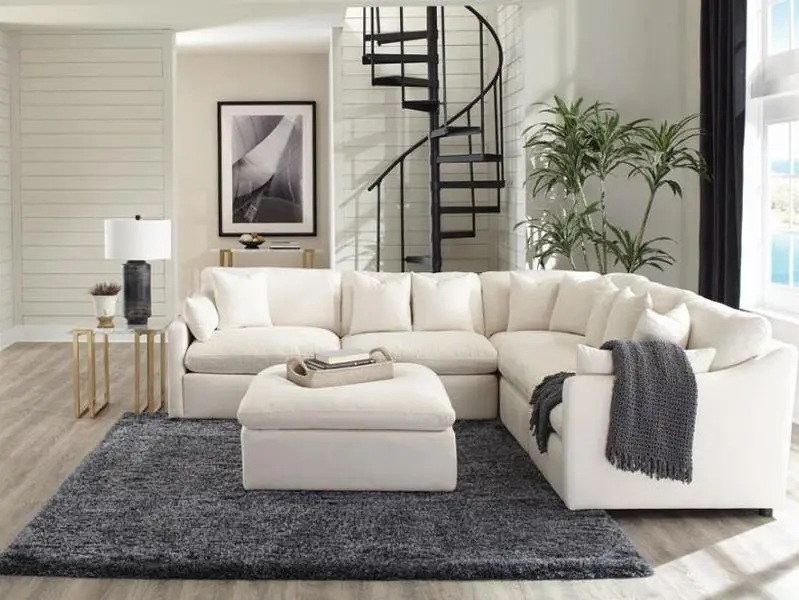 Coaster Hobson 551451 6 pc Off White Linen Like Fabric Modular Feather Blend Wrap Sectional Sofa with Water Repellent Fabric and Easy Assembly Required, Home, Design