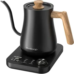 Gooseneck Electric Kettle, ±1℉ Temperature Control for Pour-Over Coffee & Tea Brewing, Stainless Steel Inner, Quick Heating Boil Hot Water, 1200W/0.8L Black Wooden