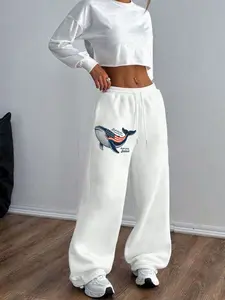 American street patriotic whale print straight leg wide leg pants, retro casual style, flag whale design, women's daily home and sports wear, can be worn on Independence Day, short sleeved for the 250th anniversary of the United States