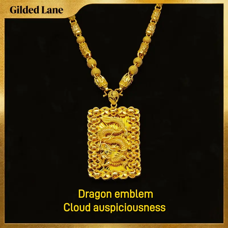 24K Gold Plated Chinese Dragon Pendant Necklace For Men, Hollow Carved Dragon Bone Chain, Fashion Jewelry Gift  Lucky Jewelry Wealth Attraction Protection Auspicious Amulet Christmas Birthday Gift