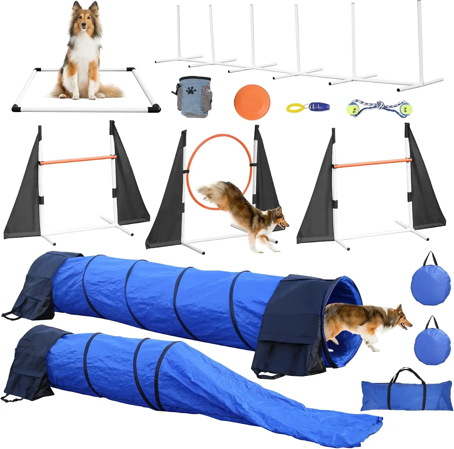 Dog Agility Training Equipment for Dogs, 13 PCS Dog Agility Equipment | Backyard & Indoor Training Professional Agility Course for Dogs with Adjustable Jumps,Collapsible Tunnel,Ball,Storage Bags