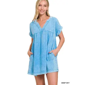 Zenana Washed Double Gauze Raw Edge V-Neck DRESS QDW-1377A