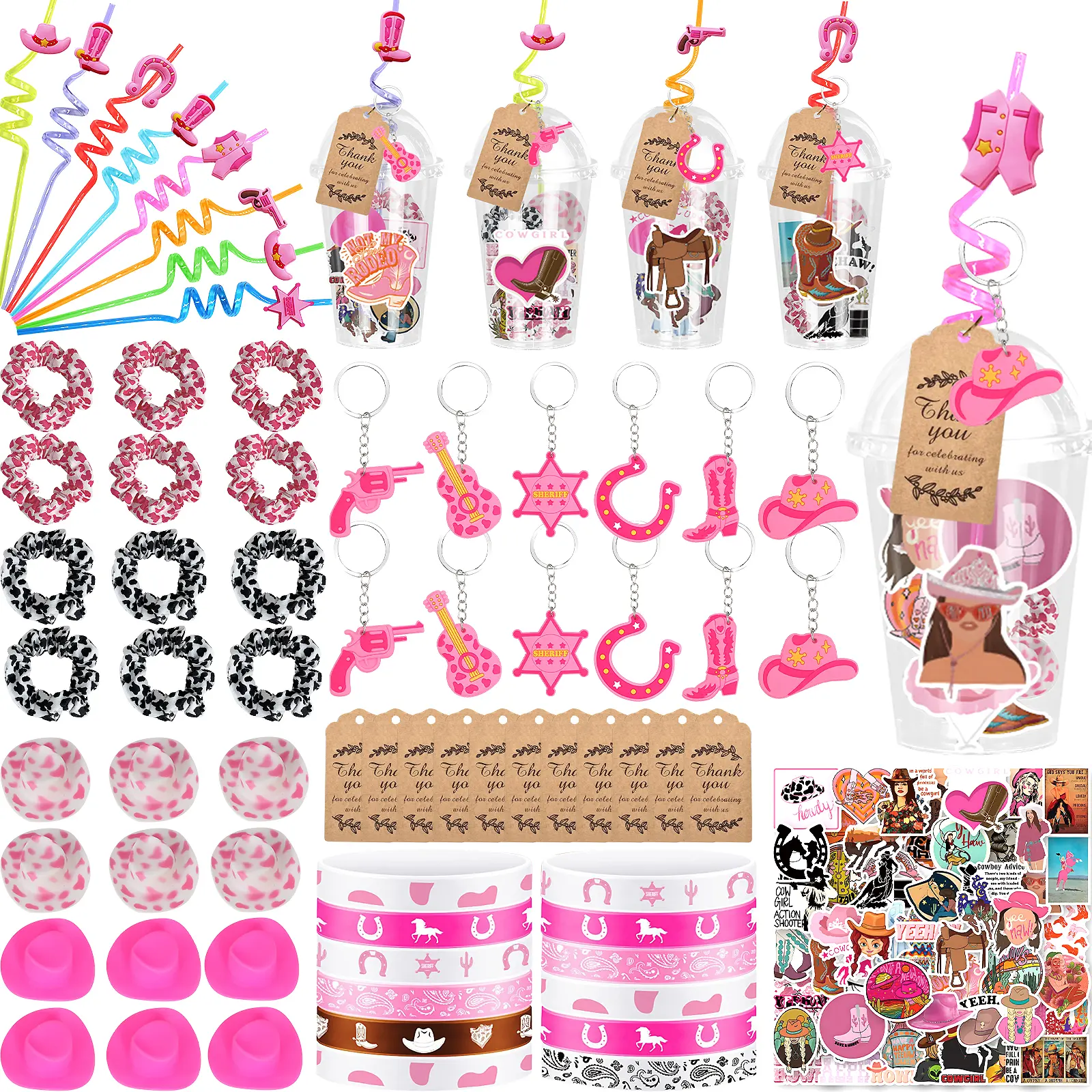 135 Pcs Cowgirl Party Favor Packs, Festive Supplies Bulk Goodie Bag Fillers with Silicone Bracelets, Hair Ropes, Keychains, Mini Denim Hats, Stickers, Cowgirl Straws, Gift Cups for Western Disco Party, Birthday Gift Accessories, Bulk Gift