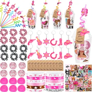 135 Pcs Cowgirl Party Favors Include Cowgirl Straw Silicone Bracelets Hair Rope Keychains Mini Denim Hat Stickers Gift Cup etc for Disco Western Party Birthday Bags