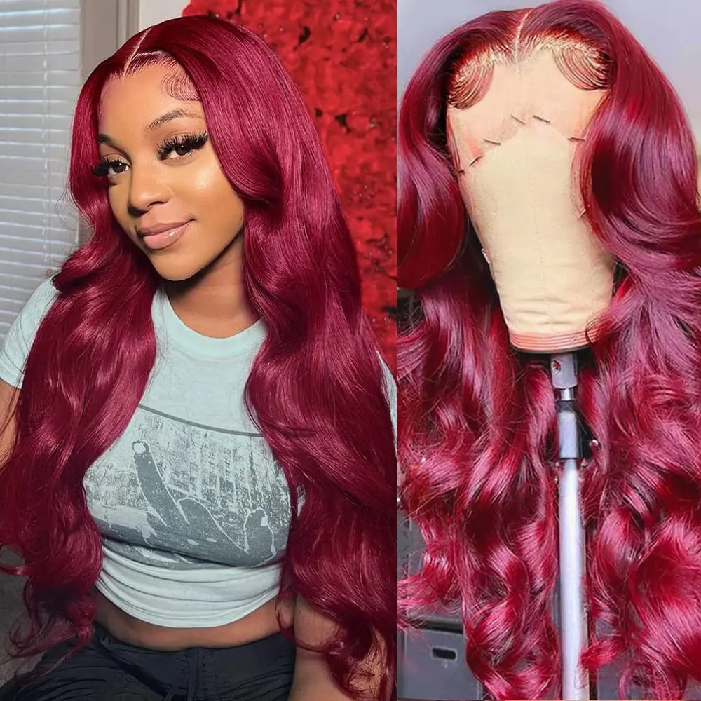 CHUDI Women's 13x6 HD Transparent Lace Front Wig, 99J Burgundy Human Hair Lace Front Wigs, 100% Unprocessed Brazilian Body Wave, 200% Density, Pre-Plucked with Natural Baby Hair, Adjustable Anti-Snagging for Everyday Wear