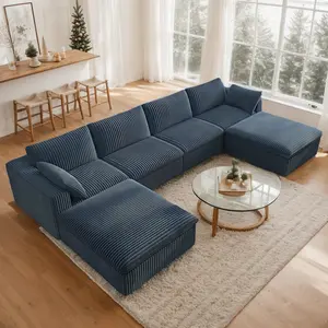 【3 Packages】Eyisean 157.6" Oversized Deep Seat Upholstered Couches, Plush Corduroy Modular Sectional Sofa with Ottoman, Fluffy 4-Seater Boneless Couch for Living Room, No Assembly Required