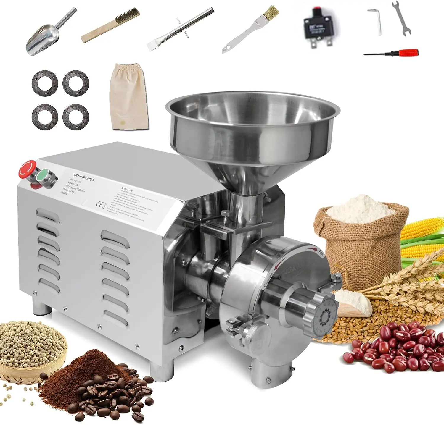 Hakka Electric Grain Grinder, 2200W Grain Milling Equipment, High-Efficiency Pulverizer Machine with 30-50kg/h Processing Capacity