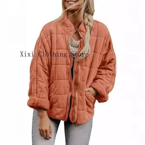 &Solid color stand collar cotton coat 2025 European and American women's loose long sleeve pocket jacket Can be used with raincoat