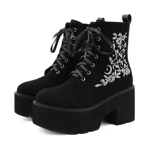 Women's Gothic Floral Embroidery Platform Ankle Boots, Chunky Block Heel Lace Up Zipper Shoes