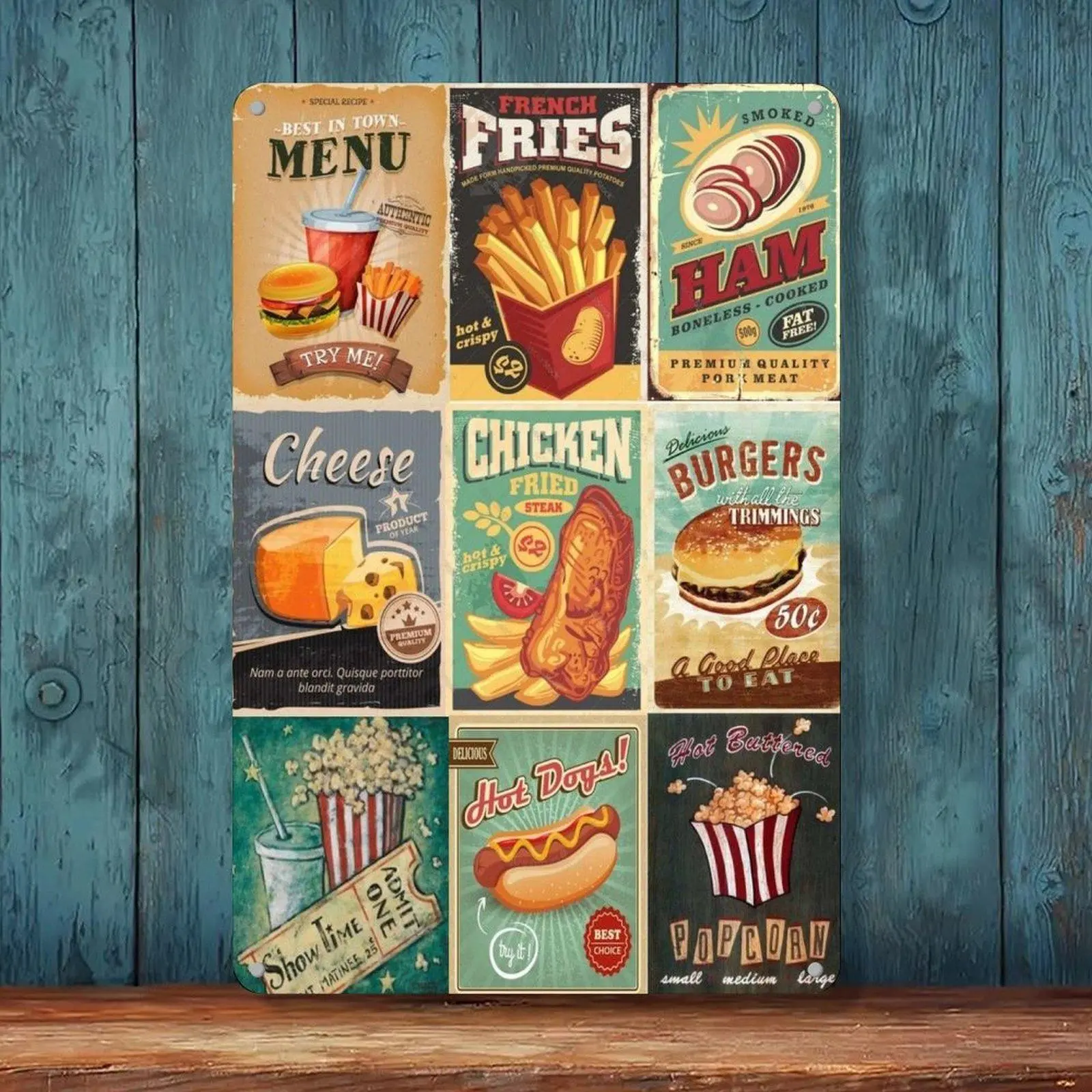 Retro Fast Food Collage Burger Fries Popcorn Diner Tin Sign 8x12in Vintage Snack Restaurant Wall Decor Metal Tin Sign
