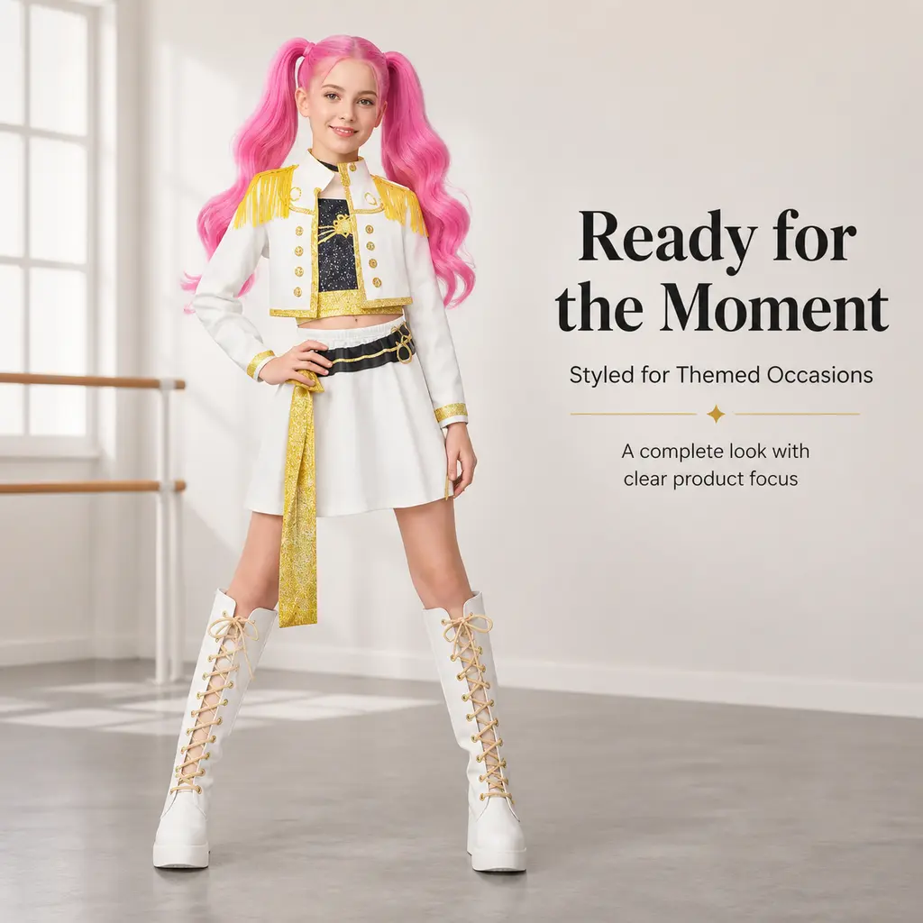 Girls' Commander Royal Costume Set - Gold Tassel Epaulet Cropped Jacket & White Skirt for Halloween Dress-Up, Pretend-Play Outfits