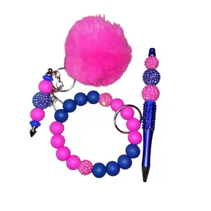 Silicone Beaded Keychain Wristlet Key Ring Bracelet Cute Car Key Holder for Women Girls Colorful Beads BPA-Free Food Grade Silicone Hand Wash Made in USA