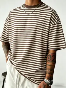 Men's Striped Contrast Round Neck Loose Fit T-Shirt, Y2K Street Style, Casual Lazy Basic Short Sleeve Daily Wear Top