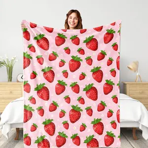 Strawberry Fleece Blanket for Girls – Cute Throw Blanket for Back to School Dorm Decor, Cozy Bedding for Kids, Teens or College Students