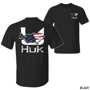 Huk American Flag Fish Graphic T-Shirt, Black Fishing Tee With Patriotic Fish Silhouette Back Print And Small Chest Logo, Unisex Angler Shirt For Offshore And Inshore Fishing, Top Menswear Streetwear Casual