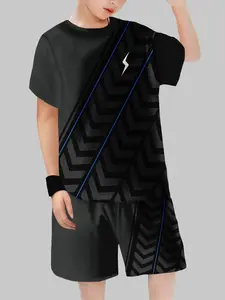 Boys' Summer Short Sleeve Set Outfit, Blue Line Zigzag Texture Lightning Logo, Modern Functional Cool Style, Fitted Casual Design, Clothing Sets, Clothes Kids