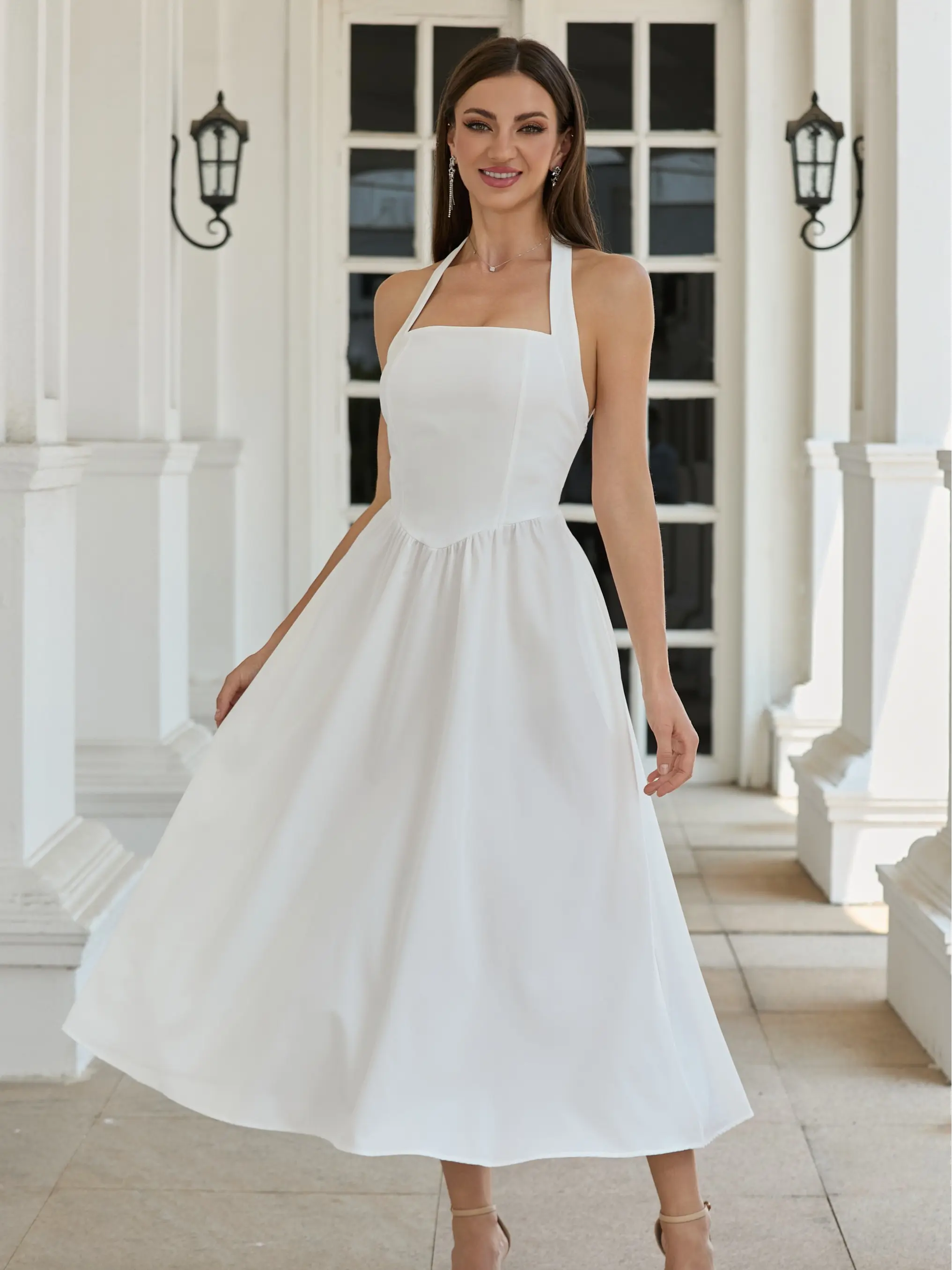 white flowy bridal shower dress White Halter Romper with Ruffles| Flowy Chiffon Skort Dress for Bridal  Shower, Bachelorette Party, Vacation