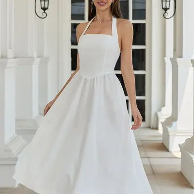 white halter neck flowy dress Wholesale Women's Viscose Blend Conrast Biding Flowy A-Line Strappy Ma