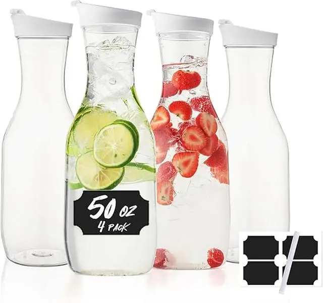Water Carafe with Lid, 50 Oz Round Plastic Pitcher for Drinks, Milk, Mimosa Bar Supplies, Iced Tea, Juice Containers with Lids for Fridge, BPA-Free, NOT DISHWASHER SAFE, 4 Pack