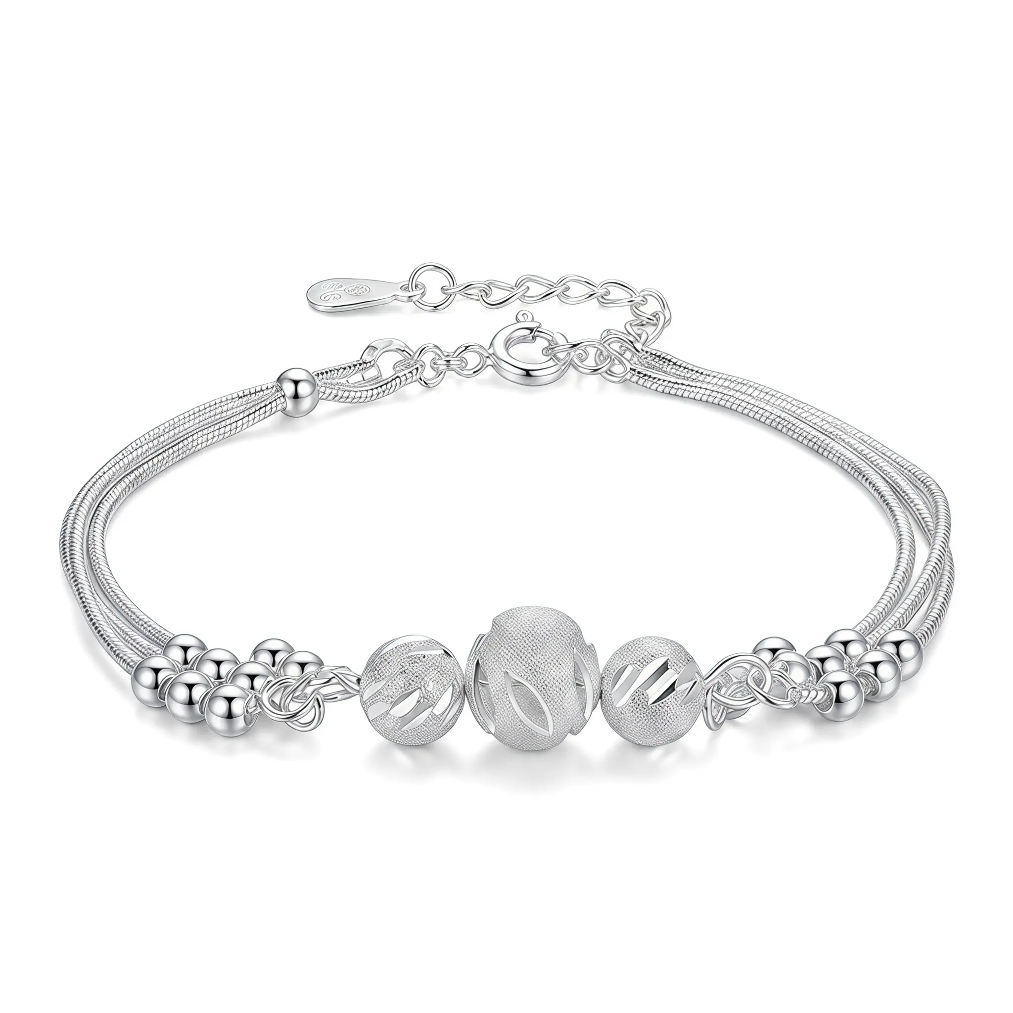 Dainty Beaded Chain Jewelry for Women, S925 Sterling Triple Snake Layers with 3 Hollow Matte Lucky Charms, Adjustable Hypoallergenic, Anti-Oxidation Craft, Lucky Transfer Balls