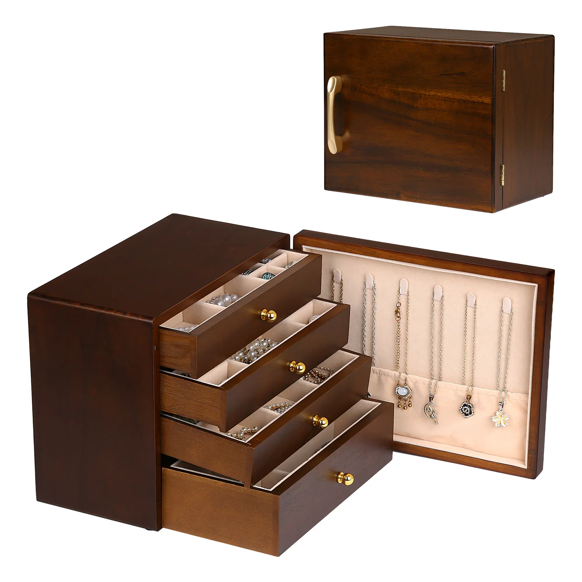 Wooden Jewelry Box for Women, 4-Layer Wooden Jewelry Organizer Box with Side Door, Single Door Jewelry Holder Organizer for Earrings, Necklaces, Rings