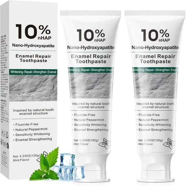 10% Nano Hydroxyapatite Toothpaste, Fluoride Free Toothpaste for Sensitive Teeth, Helps Strengthen Enamel, Freshens Breath, Daily Remineralizing Toothpaste for Adults, 2 Pack