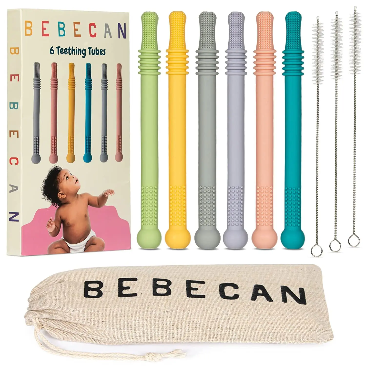 Baby Teething Sticks for 36+ Months, Contoured Super Soft Silicone Teething Aids, Multicolor 6-Pack with 3 Secure Grip Deep-Cleaning Brushes, Boil & Chill Safe