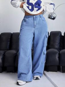 【plus size】solid button fly pocket cargo jeans, casual basic fashion wide leg denim pants for daily outdoor wear, comfortable jeans, women clothing for fall & winter, loose womenswear, streetwear women, plus size clothes women, baggy oversized trouser
