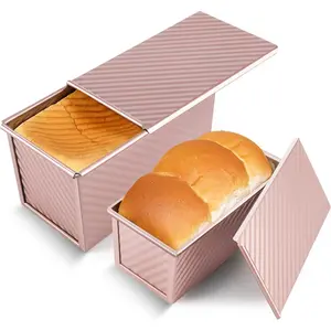 Pullman 2 Pack Non-Stick Sandwich Bread Loaf Pan with Lid, Carbon Steel Corrugated Bread Toast Box Mold with Cover for Baking