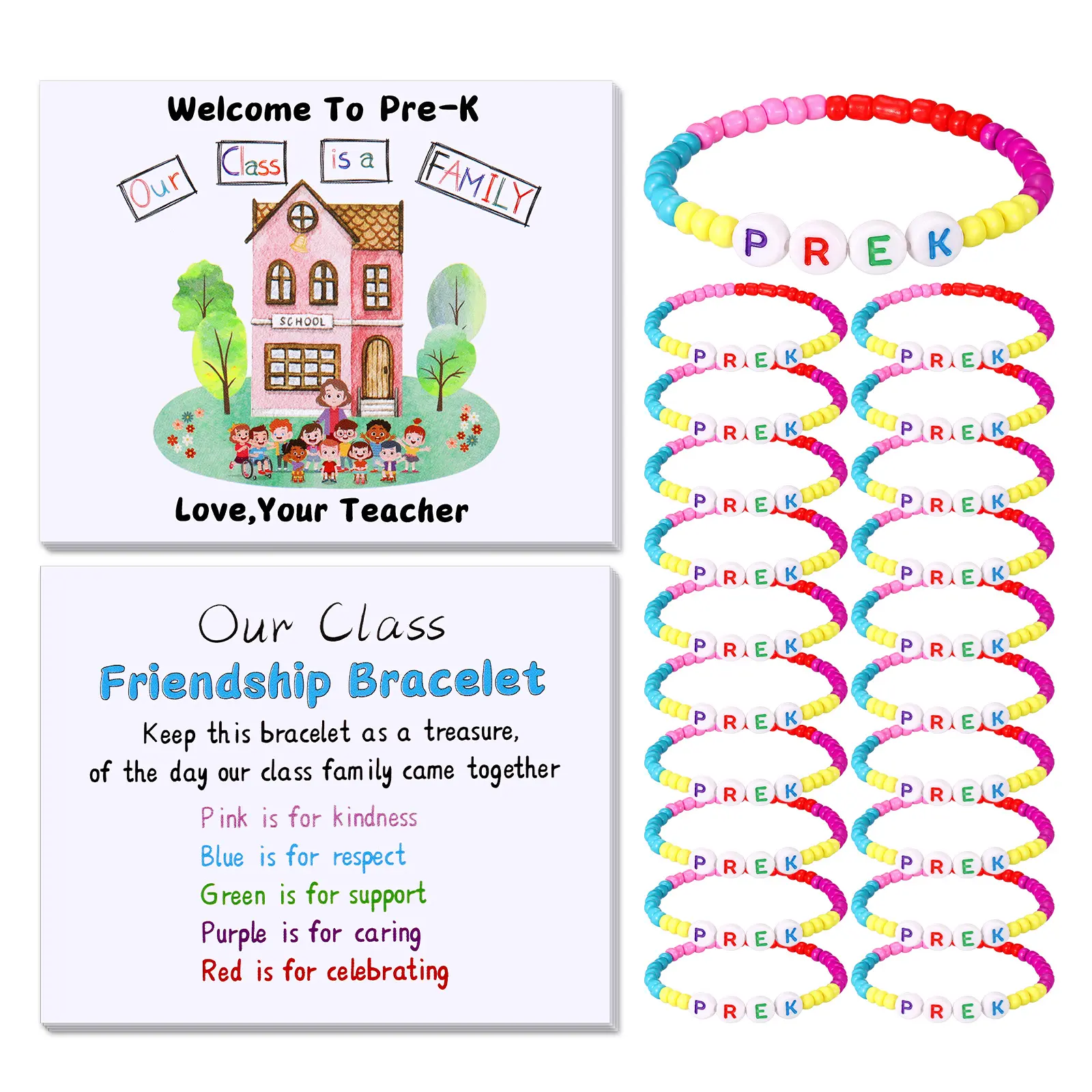 Back to School Friendship Bracelets Set Classroom Gifts for Student Include Our Class Is a Family Greeting Card and Welcome First Day of School Friendship Bracelet with Bags Gift for Kindergarten Elementary Classroom Reward Party Goodie Bag Stuffers