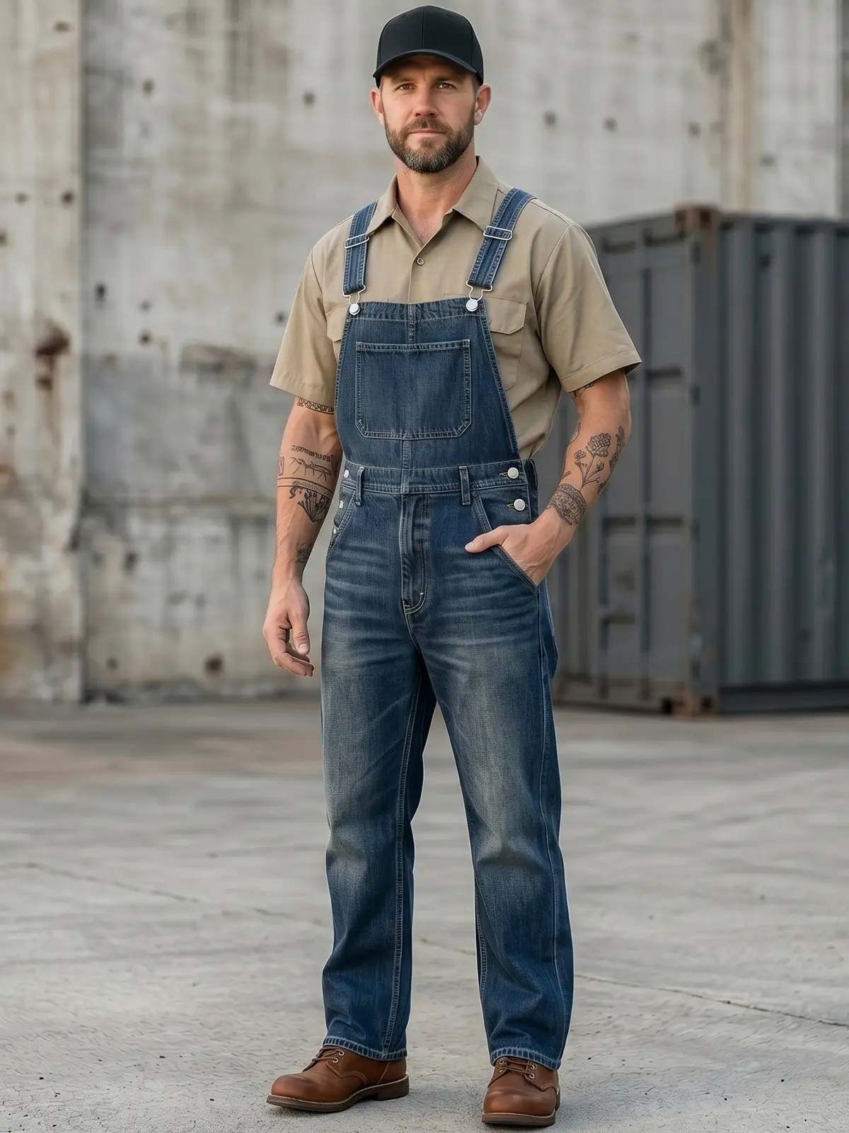 Men's Vintage Denim Bib Overalls, Sleeveless Loose-Fit Straight-Leg Casual Workwear Jumpsuit with Multiple Pockets, Menswear, Plain, Clothes, Denim Carpenter Overalls, Dark Wash Denim Overalls