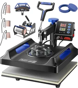 Blue 8 In 1 Heat Press Machine Sublimation Set, 15 X 15 Inch Transfer Press with Digital Temperature Controller, Adjustable Time And Pressure, Includes T Shirt Plate, Mug Press, Cap Hat Plate And Other Attachments For Garments