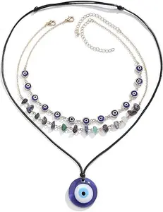 Evil Eye Layered Choker Necklace Adjustable Dainty Link Chain Turkish Blue Glass Necklace Bohemian Necklace