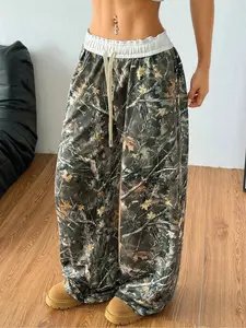 Women's Camo Print Tie Waist Pants, Boho Casual Pocket Trousers for Daily Wear, Ladies Bottoms for All Seasons