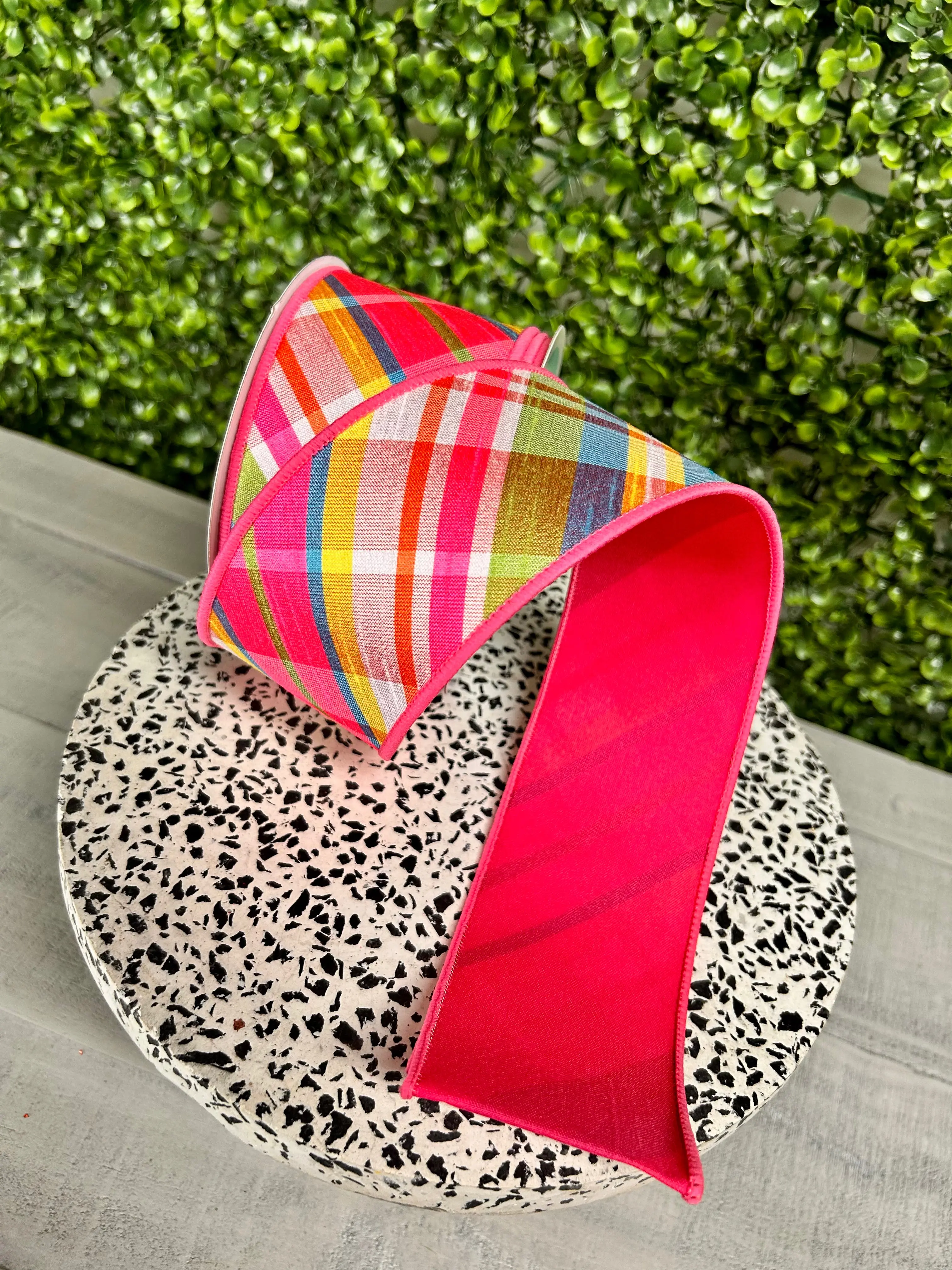 2.5 Inch By 10 Yard Hot Pink Turquoise Lime And Yellow Diagonal Plaid Fused Ribbon