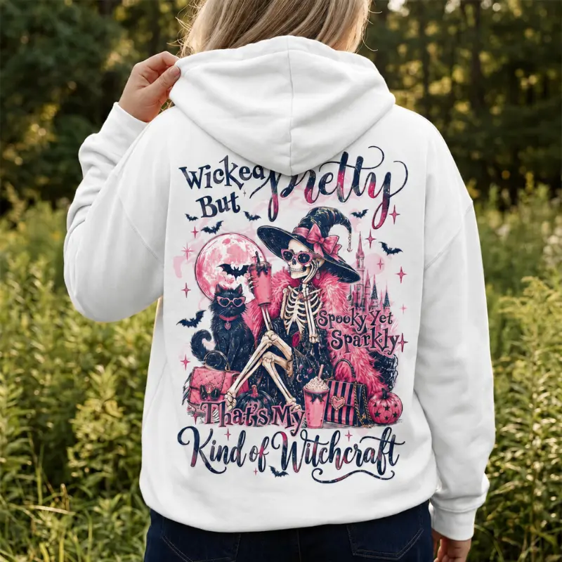 Wicked Pretty Witch Graphic Apparel, Spooky Pink Skeleton T-Shirt Sweatshirt Hoodie, Magical Halloween Back Print, Unisex Mystical Style Clothing Gift