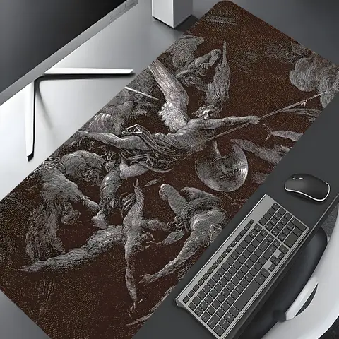 Classical Religious Art Jesus & Devil Design Large Gaming Mouse Pad, Washable Rubber Desk Mat with Stitched Edge, Non-Slip, Office and Computer Desk Accessory, Office Desktop Accessories, Suitable for Home Office, Good Gift for Family and Friends