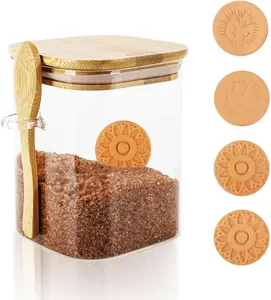 Brown Sugar Keeper Containers, 0.9Qt(30Oz/850Ml) Glass  Storage Jars with 4 Terra Cotta Brown Sugar Savers,  and a Spoon, Suitable for Storing /Spices/Candies/Coffee Beans