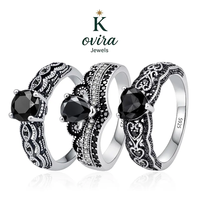 Kovira S925 Sterling Silver Vintage Black Obsidian Fashion Rings for Women - Evil Eye/Heart/Crown Designed, Dark Feminine Protection Amulet, Elegant Statement Ring, Dark Romance Jewelry Gift, Elegant Ring