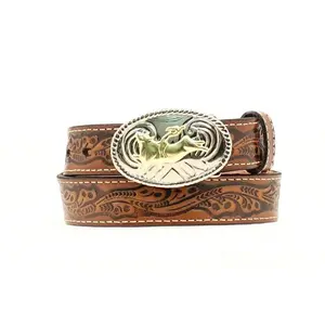 Boys’ Nocona Tooled Bull Rider Brown Leather Belt