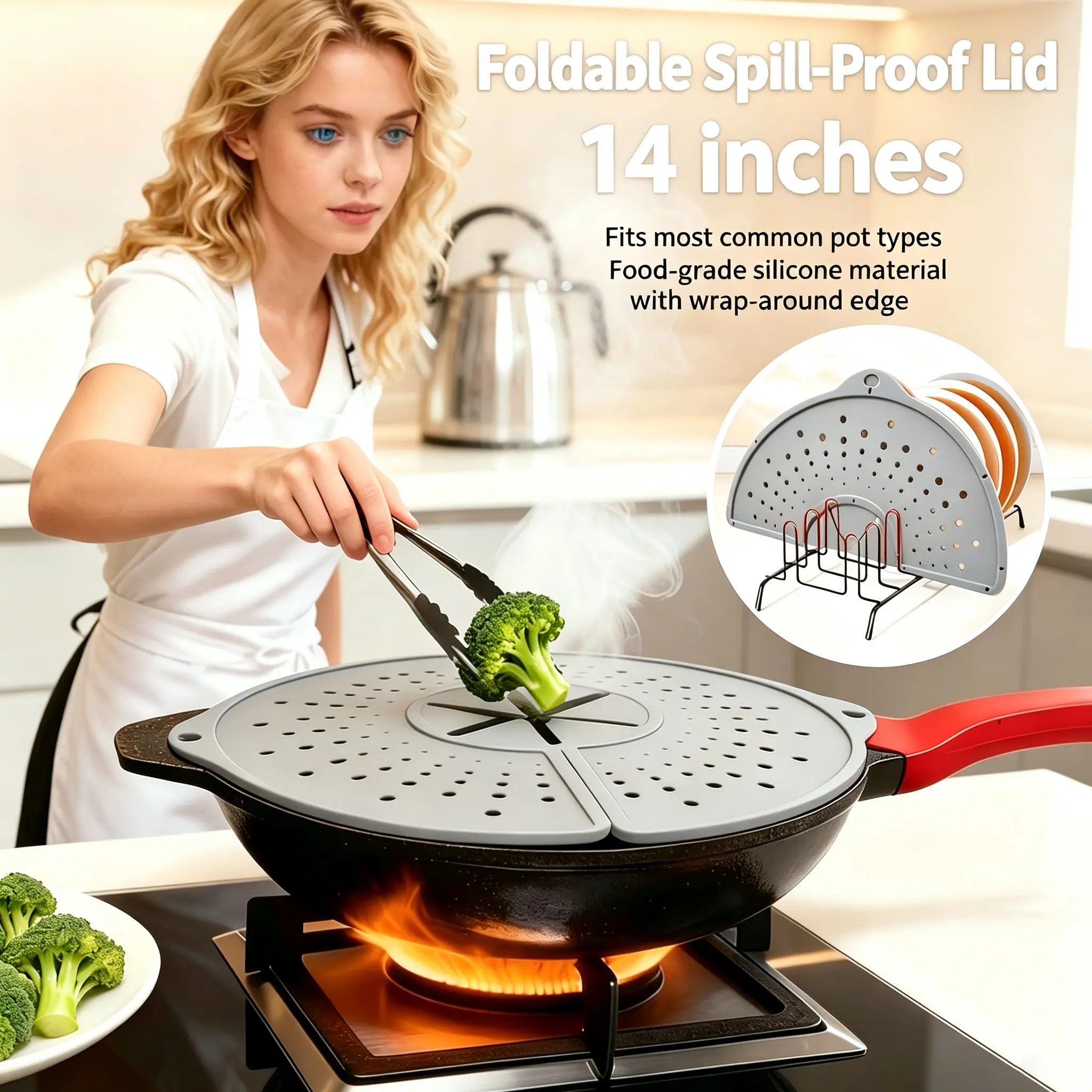 Foldable Silicone Spill Proof Pot Lid 14 Inch, Food Grade Splash Guard Cover for Wok Pan, Anti Overflow Boiling Protection Kitchen Cooking Accessory