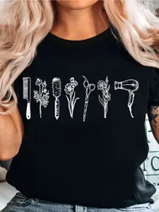Women's Hairdresser T-Shirt - Breathable Beautician Uniform Suitable for Salon Group Outfits, Machine Washable Hairdressing Theme Top with Non-See-Through Fabric, Spring Summer Autumn Casual Wear for Hair Stylists & Barbershop Events